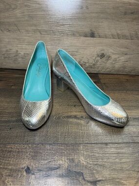 Shoes of Prey Silver Snake Embossed Low Block Heel Pumps Approx US Size 9